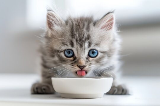 Young grey kitten with blue eyes eating soft food on a white background