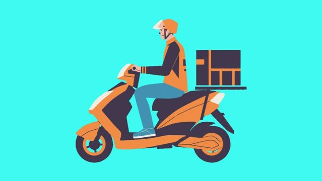 Cartoon Animation of a male courier delivering a package using a motorbike