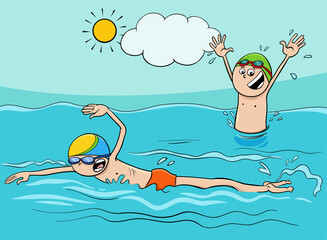 cartoon boys characters swimming in the water