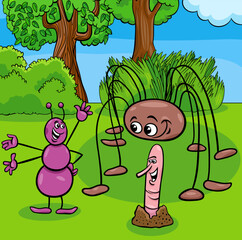 cartoon ant and opilion with earthworm insect characters