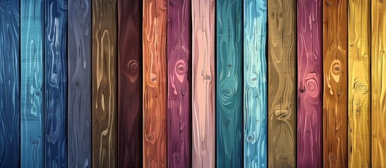 A variety of differently colored wooden boards, including shades of purple, violet, magenta, and electric blue, are arranged in a row creating a beautiful pattern - obrazy, fototapety, plakaty