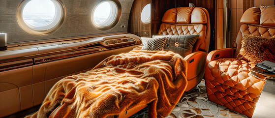 Modern Airplane Interior with Comfortable Seating, Business Class Comfort, Elegant and Luxurious Travel Experience