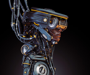 Synthetic Symphony: A Profiling Portrait of a Cybernetic Being - Dark Skinned Cyborg Entwined in Virtual Reality, Interconnected by Cables, Encased in Visored Immersion on dark background