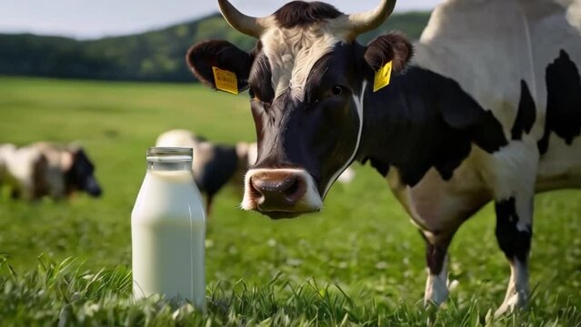 Can of milk against the background of cow on a green meadow World milk day