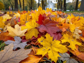 A pile of yellow and red leaves on the ground. The leaves are scattered and some are overlapping. The scene has a peaceful and serene mood, as the leaves are falling from the trees