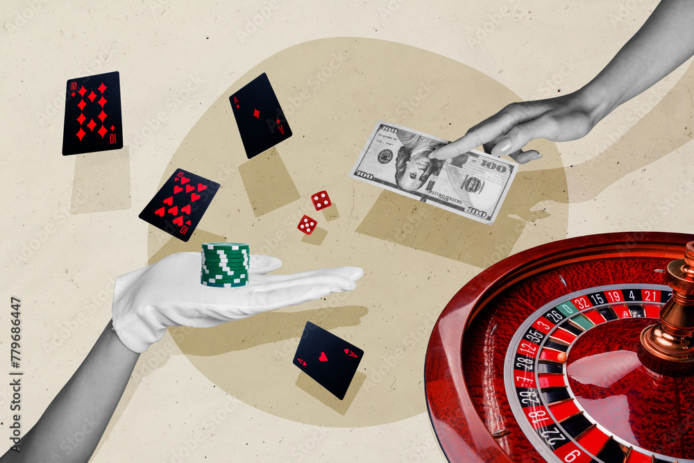 Poster creative collage hand body fragment chips stack casino dealer gambling hundred dollars cash roulette