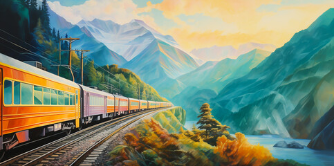 Local trains run through the mountains. rivers and fields beautiful nature - obrazy, fototapety, plakaty