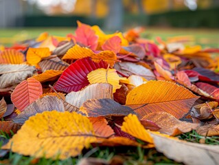 A pile of autumn leaves on the ground. The leaves are of different colors, including red, yellow, and orange. Concept of the changing seasons and the beauty of nature