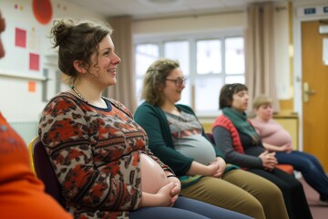 Group of Expectant Mothers Learning Breathing Techniques in an Antenatal Class, Emphasizing Preparation for Childbirth and Parenting Support.