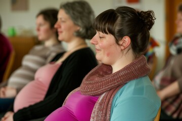 Diverse Group of Expectant Mothers Engaged in an Antenatal Class, Learning Essential Breathing Techniques for Childbirth.