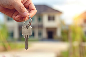 hand holds the key from new house with house background. Moving to new home