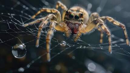 close up view of spider on the web face problem with drop of water  - Powered by Adobe