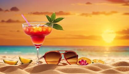 A sandy beach with a drink in a glass, sunglasses, and a variety of fruits placed on the sand. The...