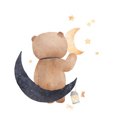 Little bear sits on the moon. Bear among the stars. Can be used for cards, invitations, baby shower, posters. Vintage. - 779687232