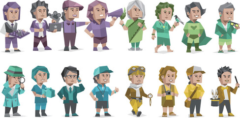 Illustrations of various professionals in a geometric, stylized design. Includes a filmmaker, scientist, pilot, and others, all portrayed with distinctive outfits and tools relating to their jobs.
