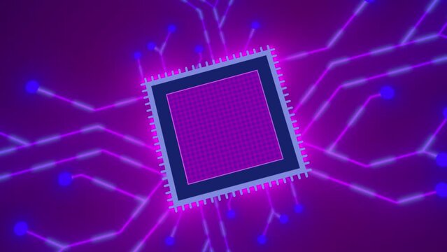 A computer processor with manny of connections and signals. Technology cpu background. Pulses and signals from the chip propagate through the motherboard. 3d animation