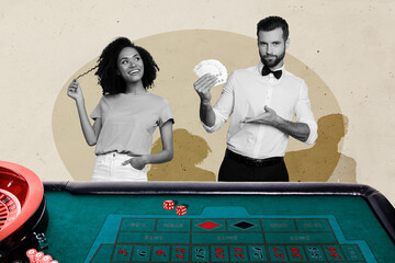 Creative photo collage young happy cheerful woman gentleman casino dealer showing card combination dice prize jackpot winner