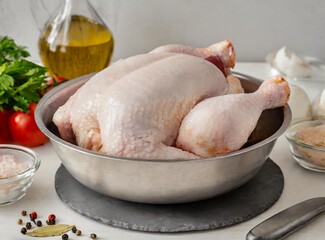 Seasoning raw chicken in metallic bowl about to cook in kitchen