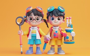 A 3D cartoon character, a girl and a boy, carrying laboratory tools and conducting chemical experiments. Educational science activities for children.