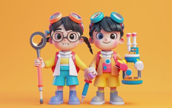 A 3D cartoon character, a girl and a boy, carrying laboratory tools and conducting chemical experiments. Educational science activities for children.