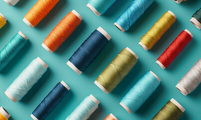 Colorful Sewing Threads Pattern in Vibrant Colors on Pastel Blue Background: Multicolor Textile Reels and Thread Spools for Tailoring, Crafts, and Dressmaking - Tailor's Background, Top View Flat Lay
