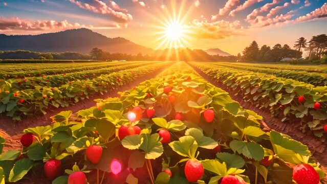 Capture the breathtaking beauty of a field of strawberries illuminated by a radiant sunset, Lush organic strawberry field with the sun low in the sky, AI Generated