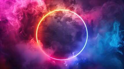 Obraz premium A neon circle in water surrounded by colorful smoke on a dark sky background