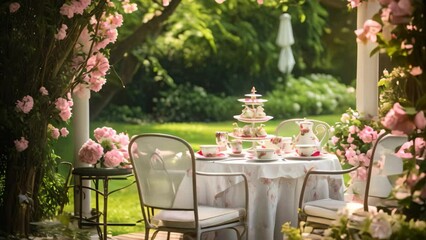 A scrumptious cake sitting atop a table, ready to be eaten and enjoyed at a joyful gathering, Mothers Day high tea setting in a fancy garden, AI Generated
