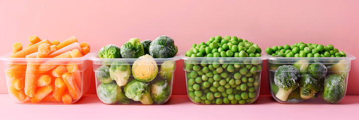 Assorted frozen vegetables in plastic containers on pink background. Frozen green peas, brussels sprouts, and carrots in transparent plastic boxes. Frosty veggies on pink, food preservation