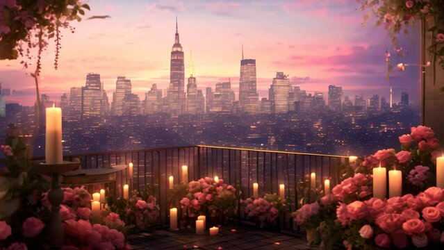 A charming balcony featuring an abundance of candles and flowers, creating a romantic and cozy atmosphere, Mother's Day celebration with a city skyline at sunset, AI Generated