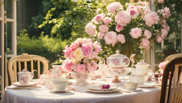 A table with a white table cloth adorned with an abundance of pink flowers, Mothers Day high tea setting in a fancy garden, AI Generated