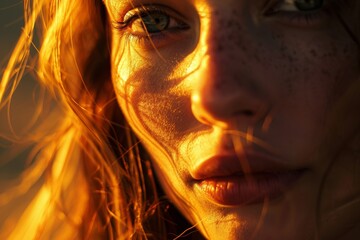 Close-up of a woman with sun-kissed skin and freckles, embodying golden hour beauty, perfect for themes of summer and natural beauty.

