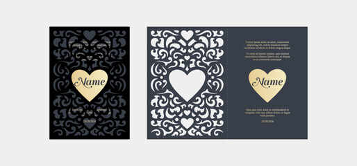 Template for laser cutting of wedding cards and invitations with heart and openwork 04 - obrazy, fototapety, plakaty