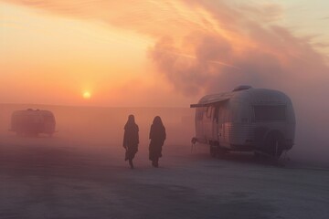 Two figures walk toward vintage campers in a foggy, ethereal morning landscape, a serene start to a day of adventure.

