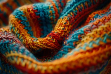 Colorful, knitted texture in high detail, showcasing the intricate craft of knitting and the warmth it represents.

