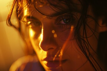 Intimate portrait of a woman with water droplets on her skin, highlighted by a warm light that enhances her thoughtful expression.

