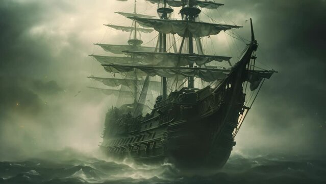 A pirate ship sails fearlessly in the middle of the vast ocean as wind and waves propel it forward, Mysterious phantom ship floating through foggy seas, AI Generated
