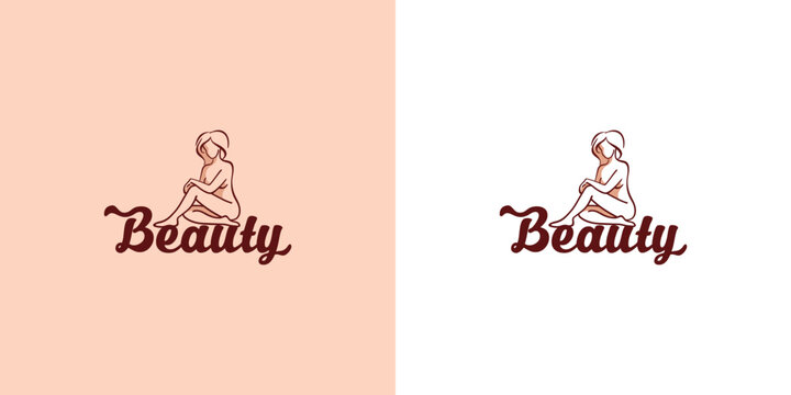 Vector logo Beauty, hand-drawn with a pen. A woman sits on the floor with her legs crossed.