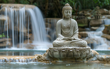 A Buddha sculpture in front of a waterfall cascading  meditating concept.  generative ai