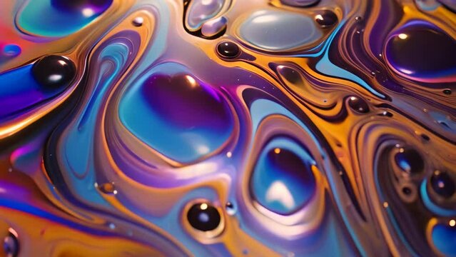 A detailed view capturing the essence of a liquid substance up close, Oil slick pattern on water, AI Generated