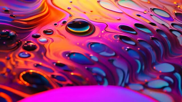 This close-up Video captures the diverse colors and unique textures of a vibrant liquid substance, Oil slick pattern on water, AI Generated