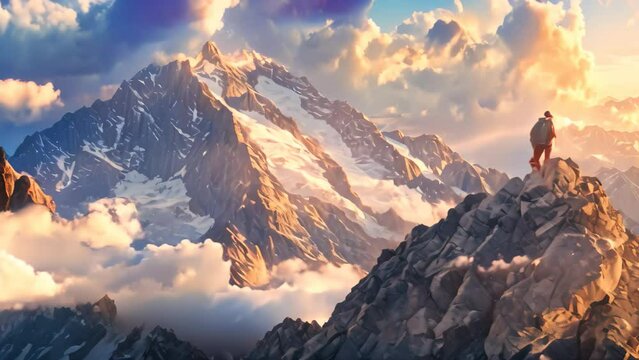 Two People Standing on the Summit of Mount Everest, A visually stunning depiction of a hiker encouraging a friend during a mountain climb, AI Generated
