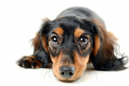 Adorable dachshund puppy posing on white background