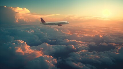 Avion de profil volant au-dessus des nuages au coucher du soleil ou lever. Profile plane flying above the clouds at sunset or sunrise. - Powered by Adobe