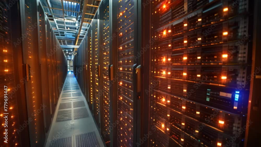 Poster a busy data center with multiple racks of servers neatly aligned in rows, showcasing the facilitys a