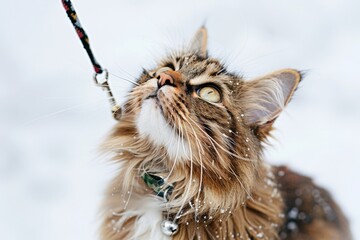 Adorable Metis cat with leash and pendant gazing upwards on white background