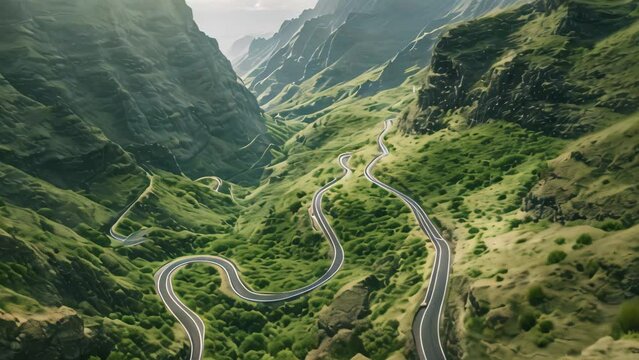 An aerial photograph showcasing the winding curves and twists of a mountain road surrounded by stunning natural scenery, A winding and treacherous mountain road viewed from above, AI Generated