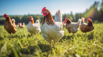 Group of chickens is walking on a green field, sunny day - obrazy, fototapety, plakaty