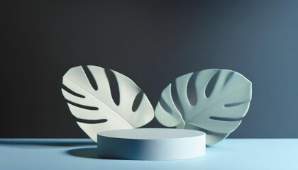 Podium with 3D monstera leaves for product presentation and on dark background. Generative AI