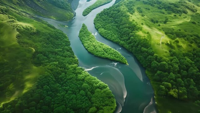 A powerful river meanders through a lush and vibrant green valley, creating a stunning natural landscape, A winding river flowing through a lush green valley from above, AI Generated